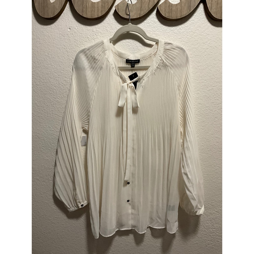 Lane Bryant Womens Cream Pleated Bow Tie Neck Long Sleeve Blouse Plus Size 22 24